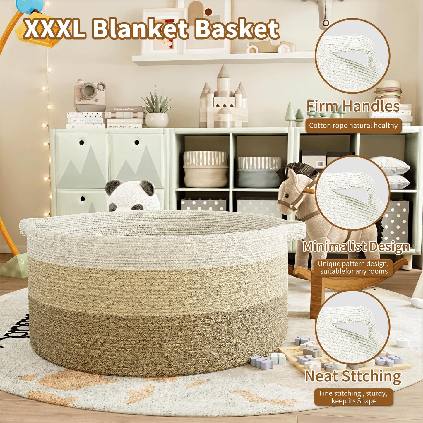 GOPAS 125L Extra Large Blanket Basket, 25" x 16", Jumbo Laundry Woven Cotton Rope Basket with Handles, Baby Toy Storage, Gradual Brown