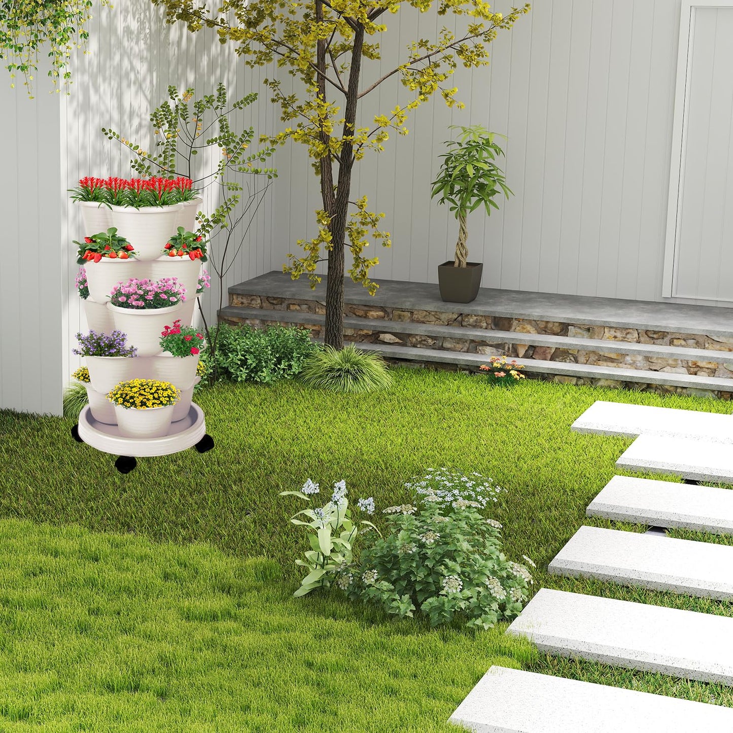 Pinky Family 5-Tier Vertical Garden Tower Stackable Planter for Strawberries, Flowers, Vegetables & Herbs Beige