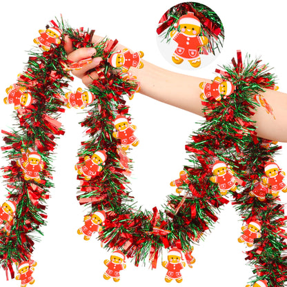 50FT Red Green Christmas Tinsel Garland with Gingerbread Man Ornaments, Thick Metallic Twist Xmas Garland for Tree Decorations Fireplace Mantel Home Office Stair Party Indoor Outdoor Holiday Decor