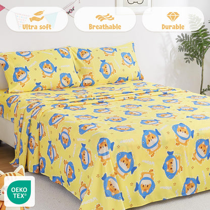 CozySmile Full Sheet Set Kids,4 Pieces Breathable Soft Microfiber Bedsheets for Child Boys Girls, Oeko-TEX, Anti Pilling Deep Pockets Easy Care Bed Sheets, Cat Fish