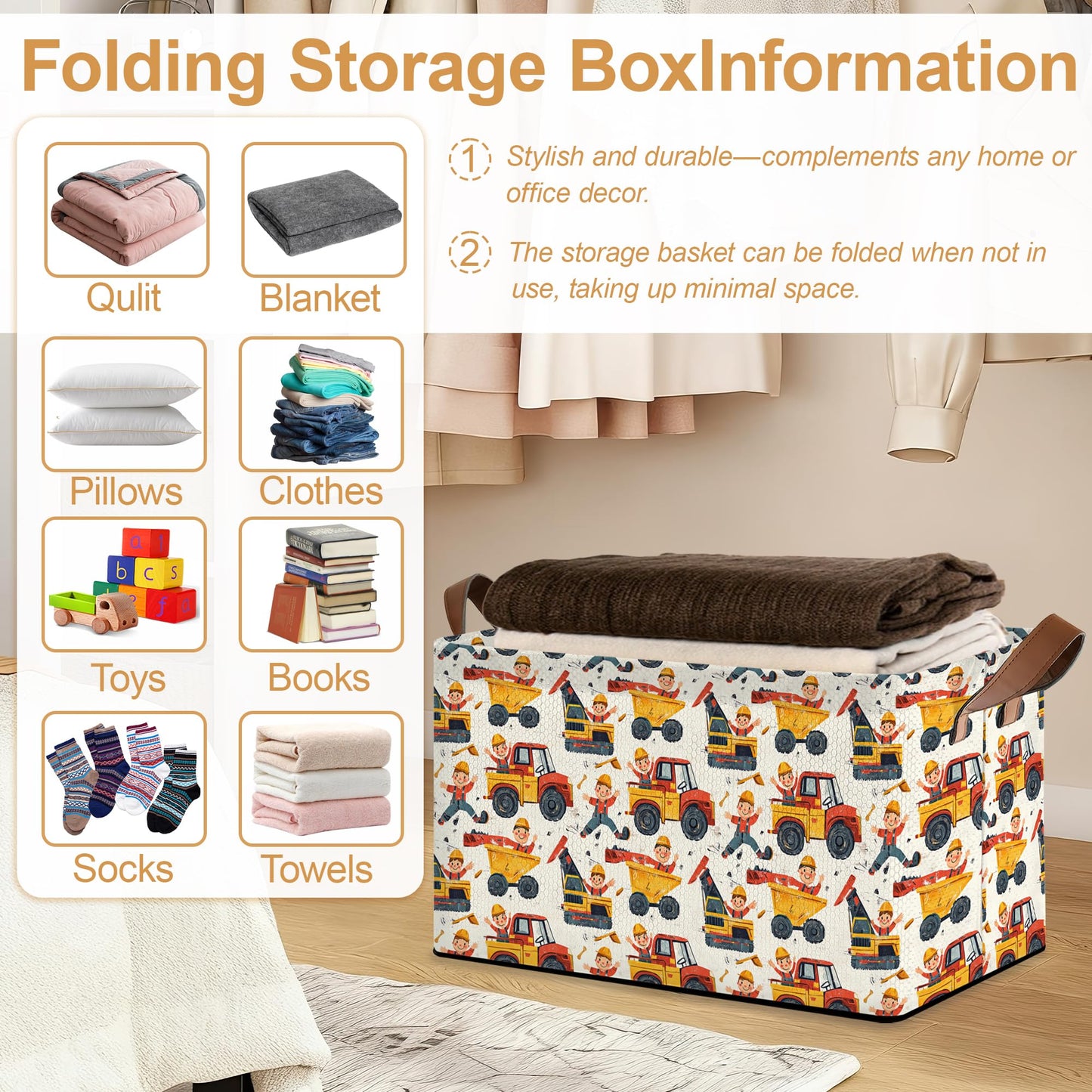 Oeaskly Storage Bins with Handles, Oxford Cloth Storage Basket with Sturdy Frame, Car Excavator Collapsible Organizer for Closet, Shelf, Clothes, Towels, Home Storage