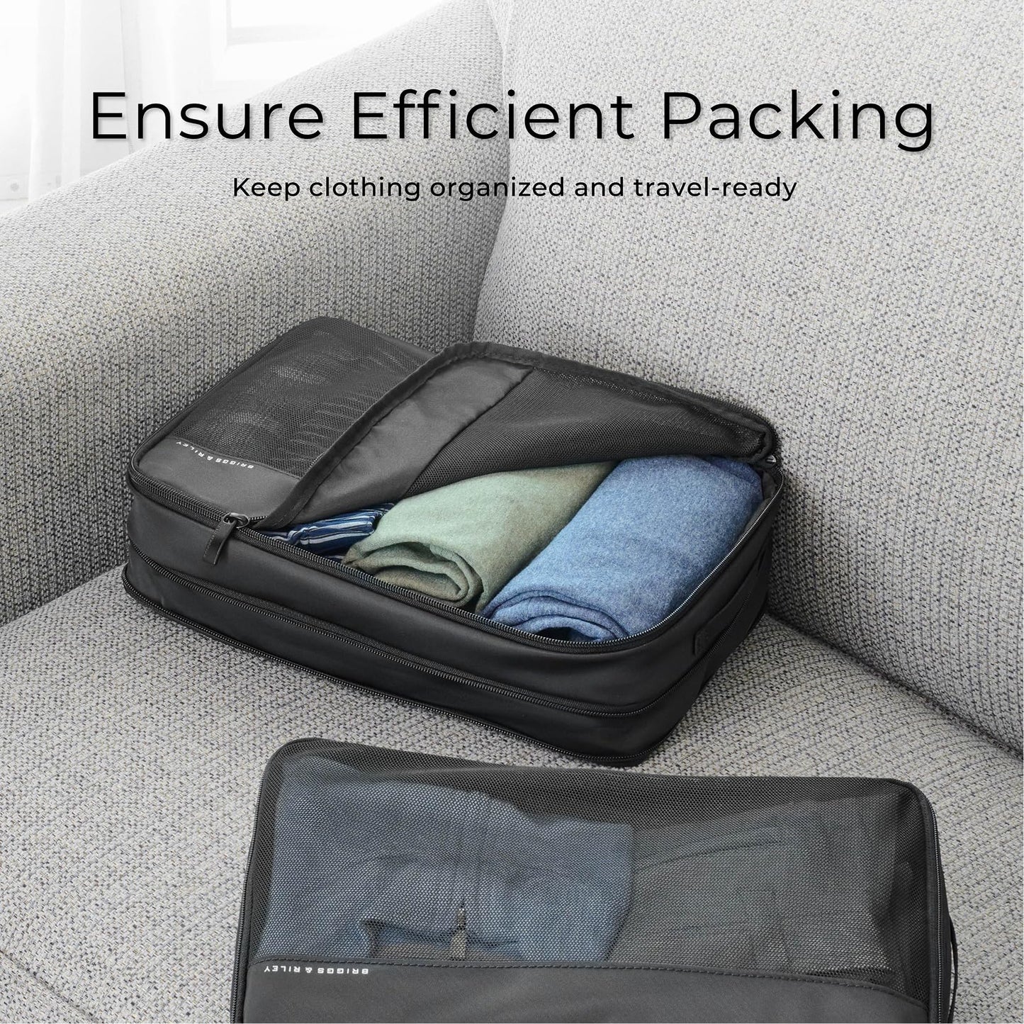 Briggs & Riley Carry On Compression Packing Cube Set - Bag Organizer for Suitcase & Luggage, Travel Essentials for Women & Men, Pack Accessories for Vacation, Maximize Storage Space - 3-Piece, Black