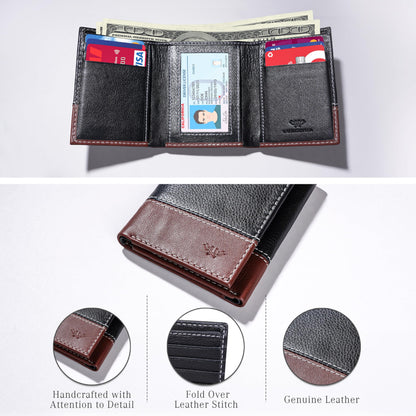 LUXEORIA Leather Wallet for Men, Handcrafted Travel Wallet, Minimalist Mens Slim Trifold Wallet, Anti-Theft RFID Blocking Wallet for Men's, Tri-fold - Black&Brown