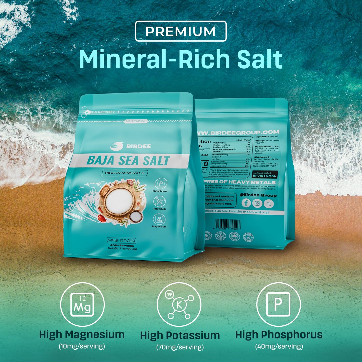 Birdee Premium Culinary Bundle – 17.6 oz Baja Sea Salt & Bamboo Salt Cellar: Fine Grain, Solar Dried, Hand-Harvested, Unrefined, with Durable 100% Bamboo Storage