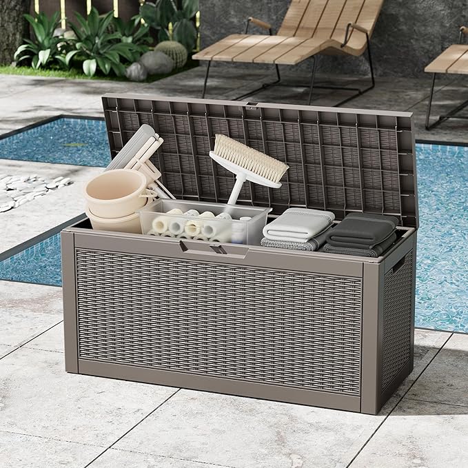 Outdoor Storage Box, Resin Deck Boxes Indoor and outdoor, Waterproof Storage Box Lockable Lid (Grey,70 Gallon)