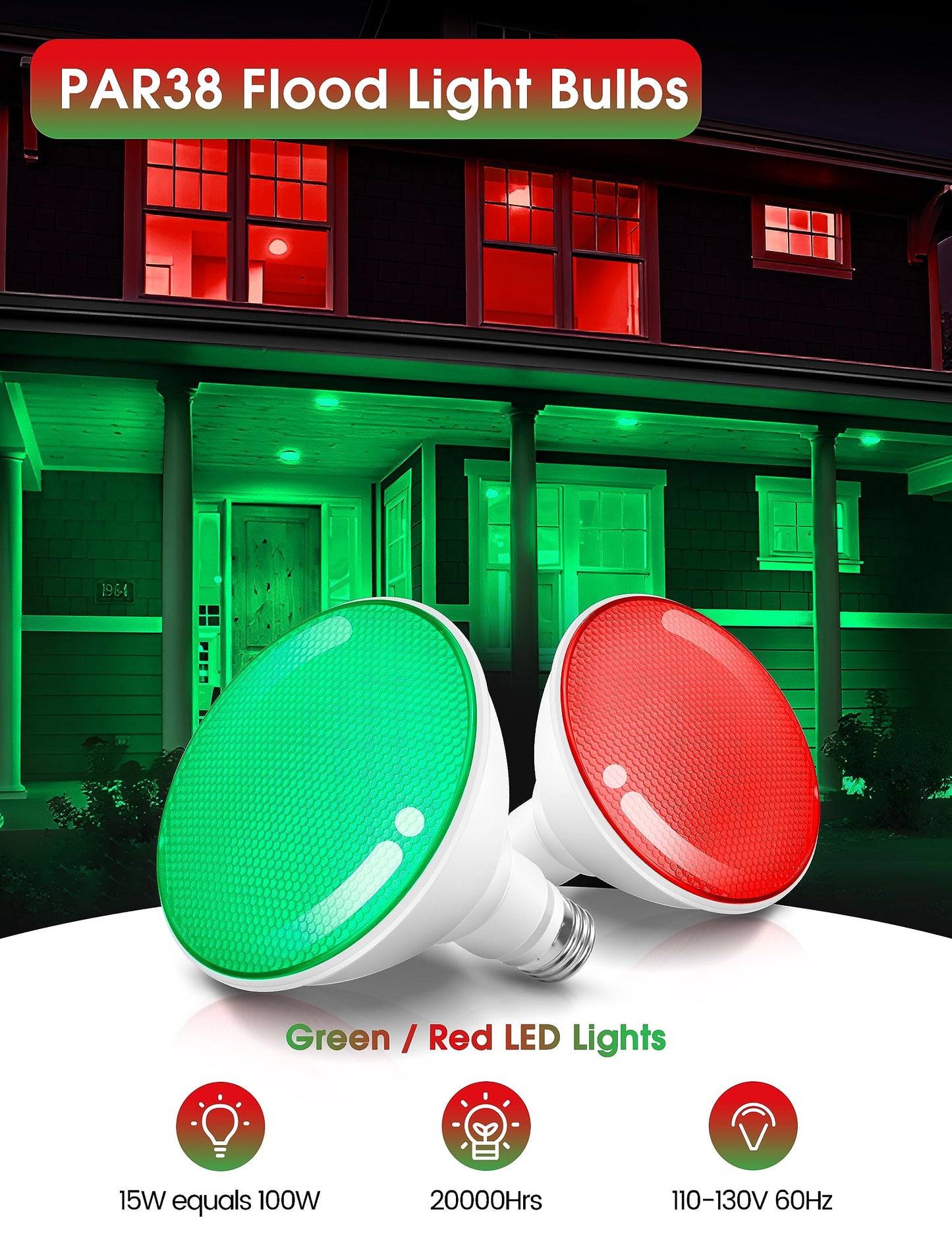 Fulighture Red and Green Light Bulbs 【2 Pack】, Par38 LED Red Green Flood Light Bulbs Outdoor for Christmas Decor 15W E26, Christmas Light Bulb Porch Home Lighting, Non-Dimmable