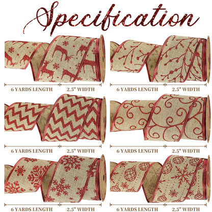 MEEDEE Christmas Ribbon Set - Wired Burlap 2.5 Inch 6 Rolls 36 Yards Red Glitter for Tree Garland, Wreaths, Tree Topper, Bow Making