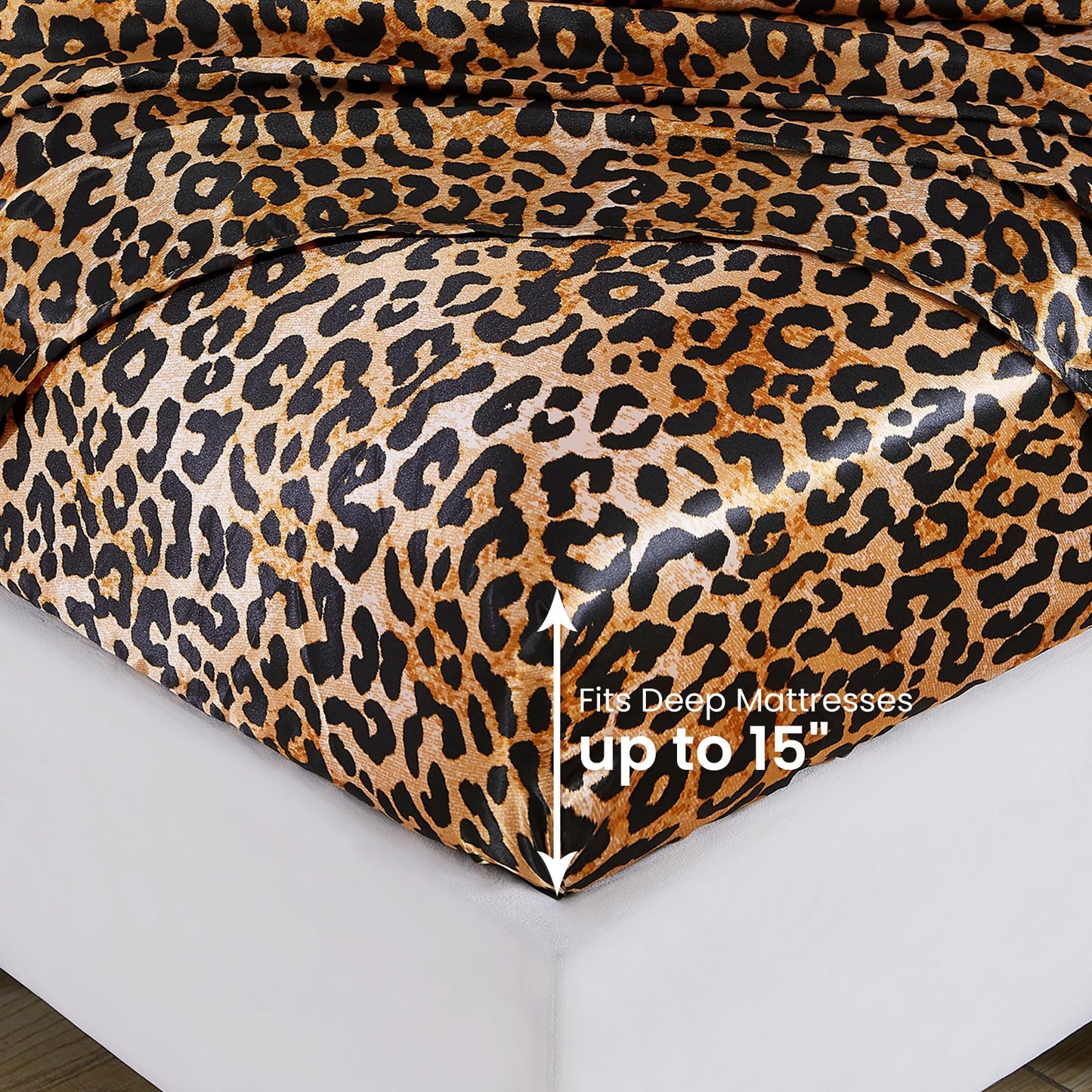 lasoftan Leopard Print Satin Sheets Queen, Silky Animal Printed Fitted Bed Sheet with 15" Deep Pocket & Non-Slip Straps, Luxury Hotel Satin Summer Cooling Sheets & Pillowcase Set, Yellow