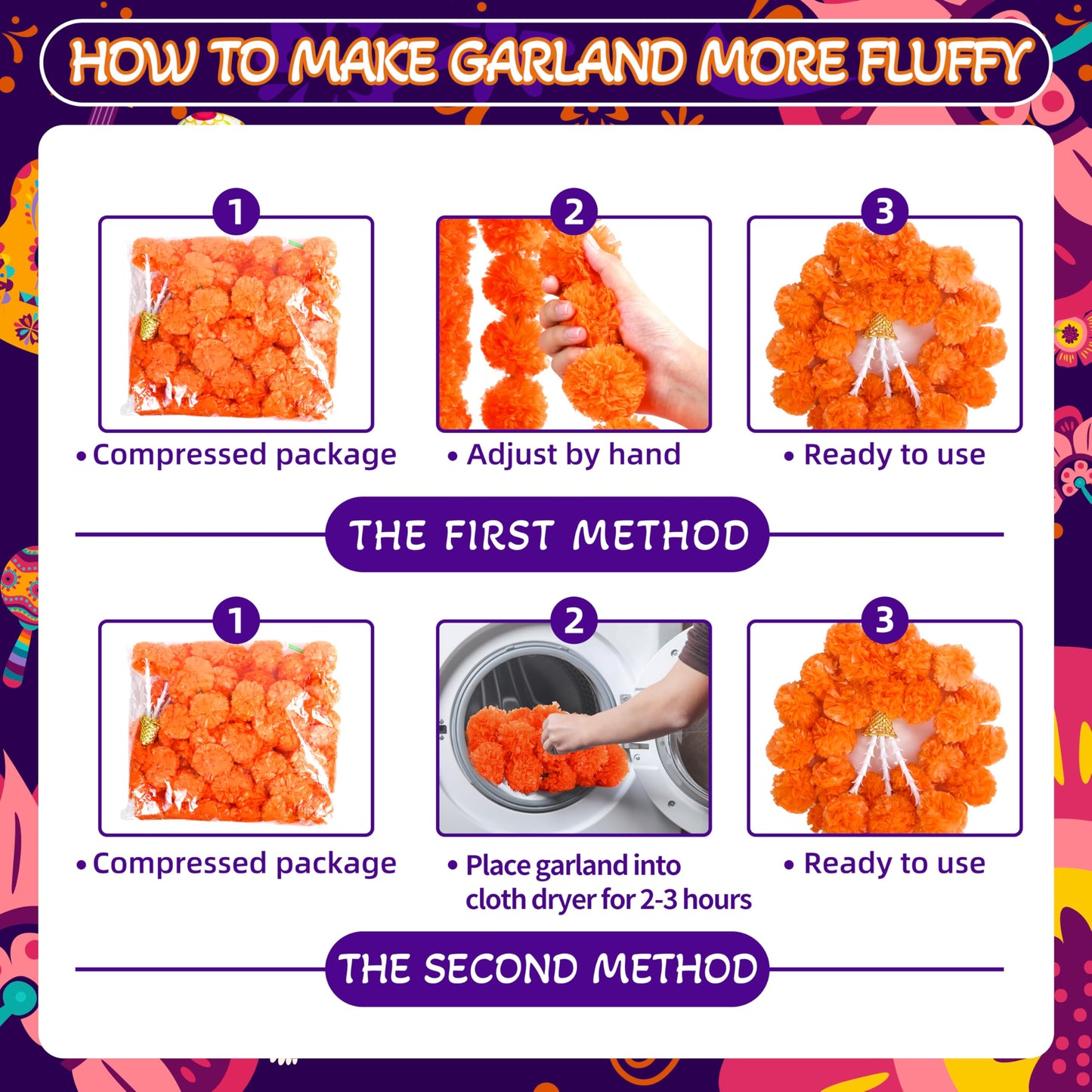 OCTERIC 6 Pcs 5 Ft Artificial Marigold Flowers Garland, Dia de Los Muertos Faux Garlands Diwali Decoration with Pendant Bell for Indian American Wedding Party Mantle Decor (Dark Orange)