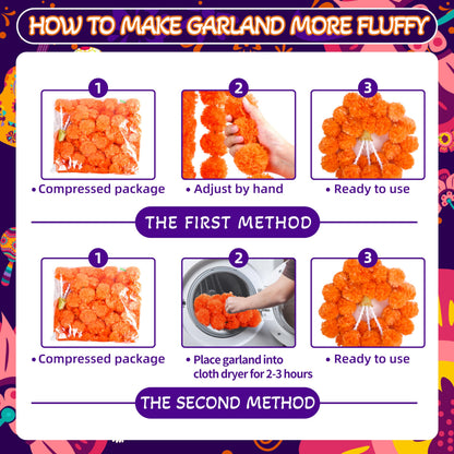 OCTERIC 6 Pcs 5 Ft Artificial Marigold Flowers Garland, Dia de Los Muertos Faux Garlands Diwali Decoration with Pendant Bell for Indian American Wedding Party Mantle Decor (Dark Orange)