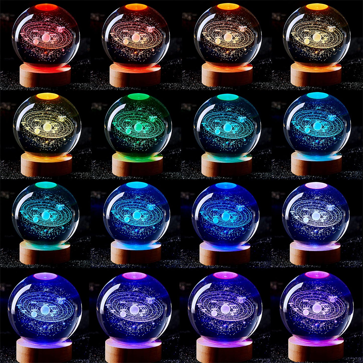 Conalisk 3D Solar System Crystal Ball Lamp,3.15 Inch K9 Crystal Ball Night Light with Wooden Base,16 Colors Changing with Remote Control,3D Planet Laser Engraving Holographic Light (Solar System)