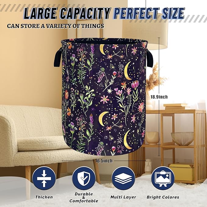 Moon Wild Flowers Laundry Basket Oxford Cloth Colorful Floral Laundry Hamper