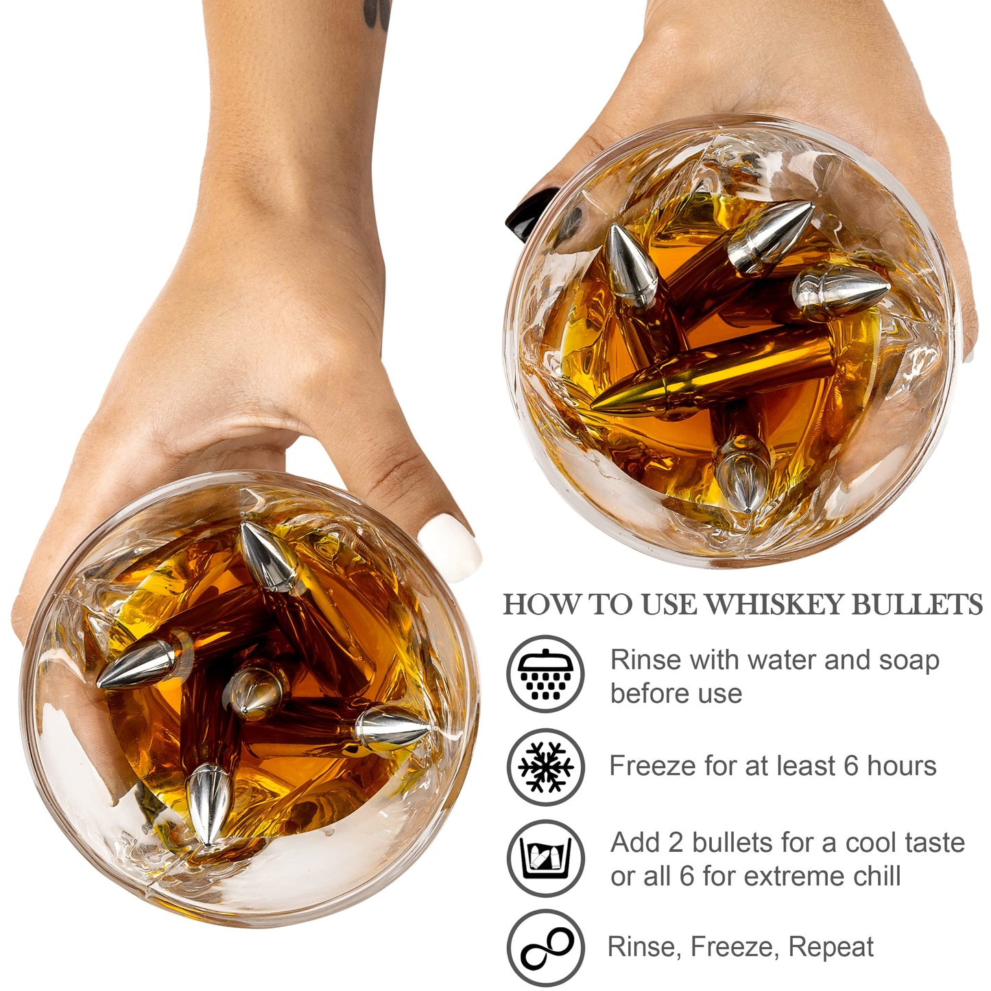 Whiskey Chillers Premium Gift Set By Frolk, Set of 6 Extra Large Stainless Steel Whiskey Stones, 2 Large Twisted Whiskey Glasses (11 oz), Freezer Base, Velvet Pouch & Tongs in Novelty Wooden Box