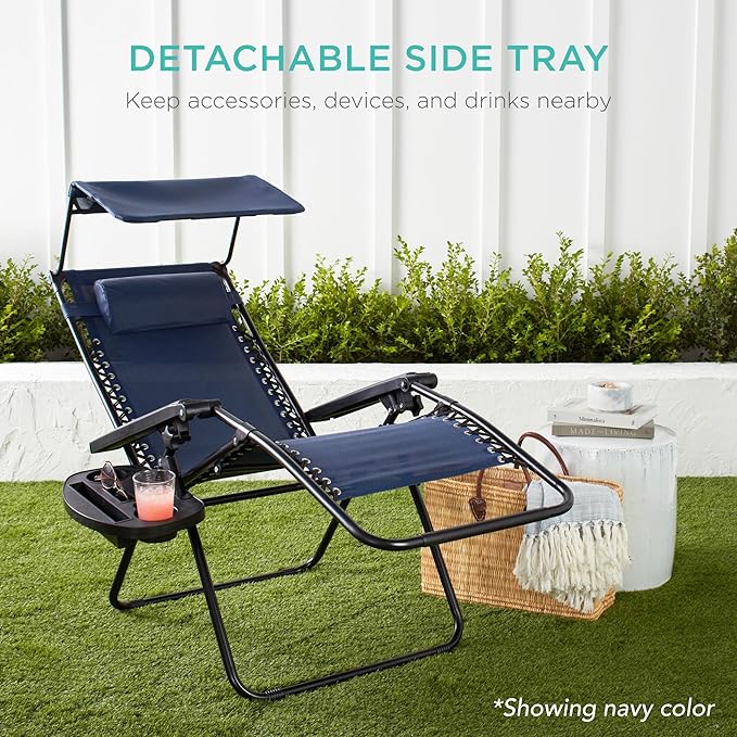 Best Choice Products Folding Zero Gravity Outdoor Recliner Patio Lounge Chair w/Adjustable Canopy Shade, Headrest, Side Accessory Tray, Textilene Mesh - Seafoam