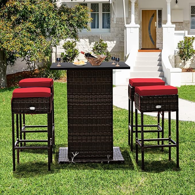 Tangkula 5 Piece Outdoor Rattan Bar Set, Patio Bar Furniture