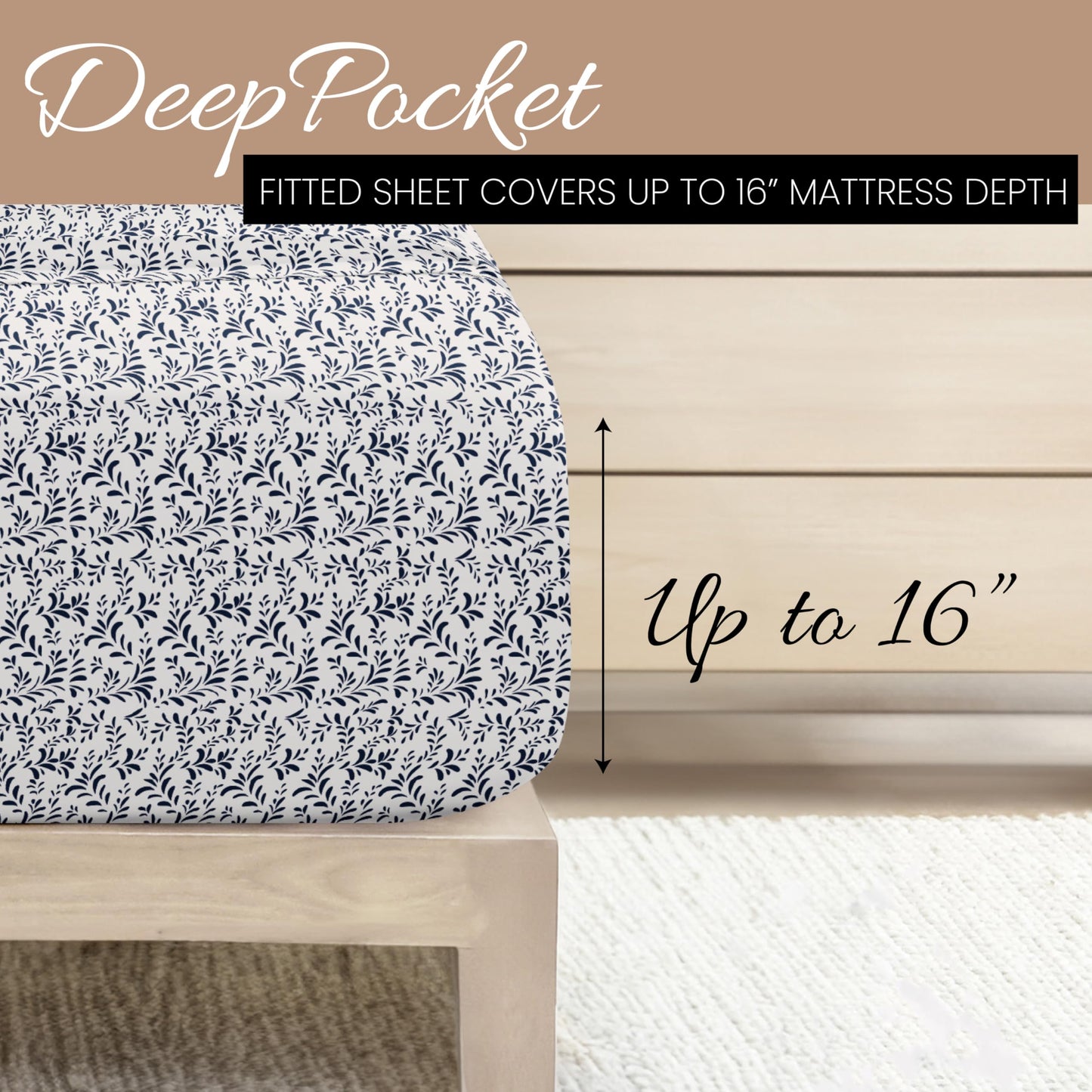 Linen Market Double-Brushed Patterned Microfiber Full Sheet Set 4 Piece – Oeko-TEX Certified Ultra Soft & Wrinkle-Free - 16" Deep Pocket Sheets - Easy Care Full Size - Burst of Vines Navy