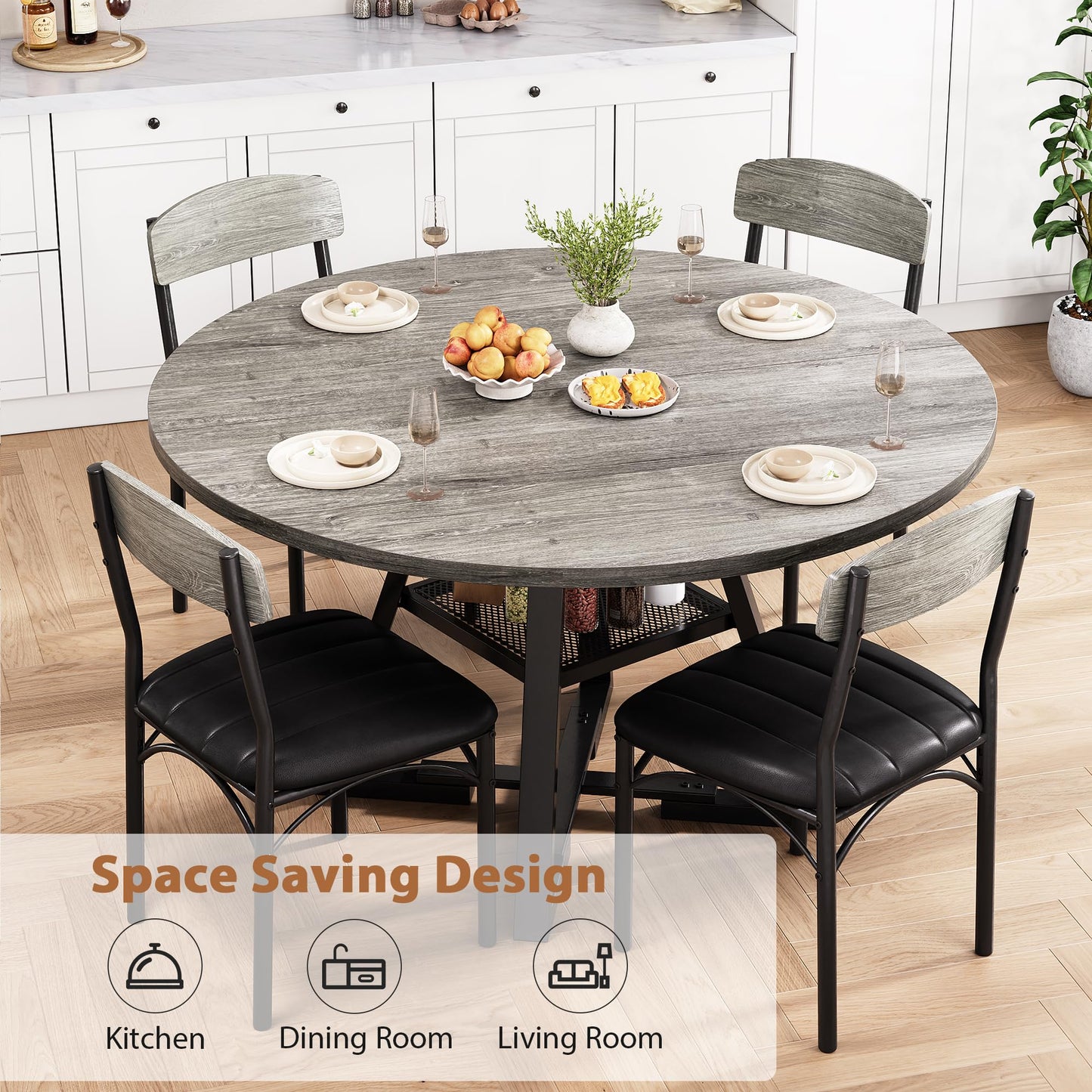 Round Dining Table Set for 4, Kitchen Table and Chairs for 4, Circle Table Round Pedestal Dining Room Dinner Dinette Table Set,5 Piece Space Saving Wood Kitchen & Dining Room Tables (Grey, 42In)