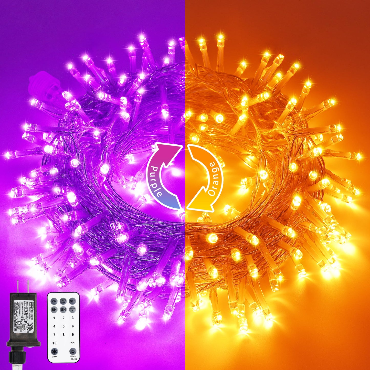 JMEXSUSS Halloween Decoration Lights, 200 LED Orange Purple Halloween Lights Clear Wire, 11 Modes Connectable Halloween String Lights Indoor Outdoor Plug in for Halloween Tree Decorations