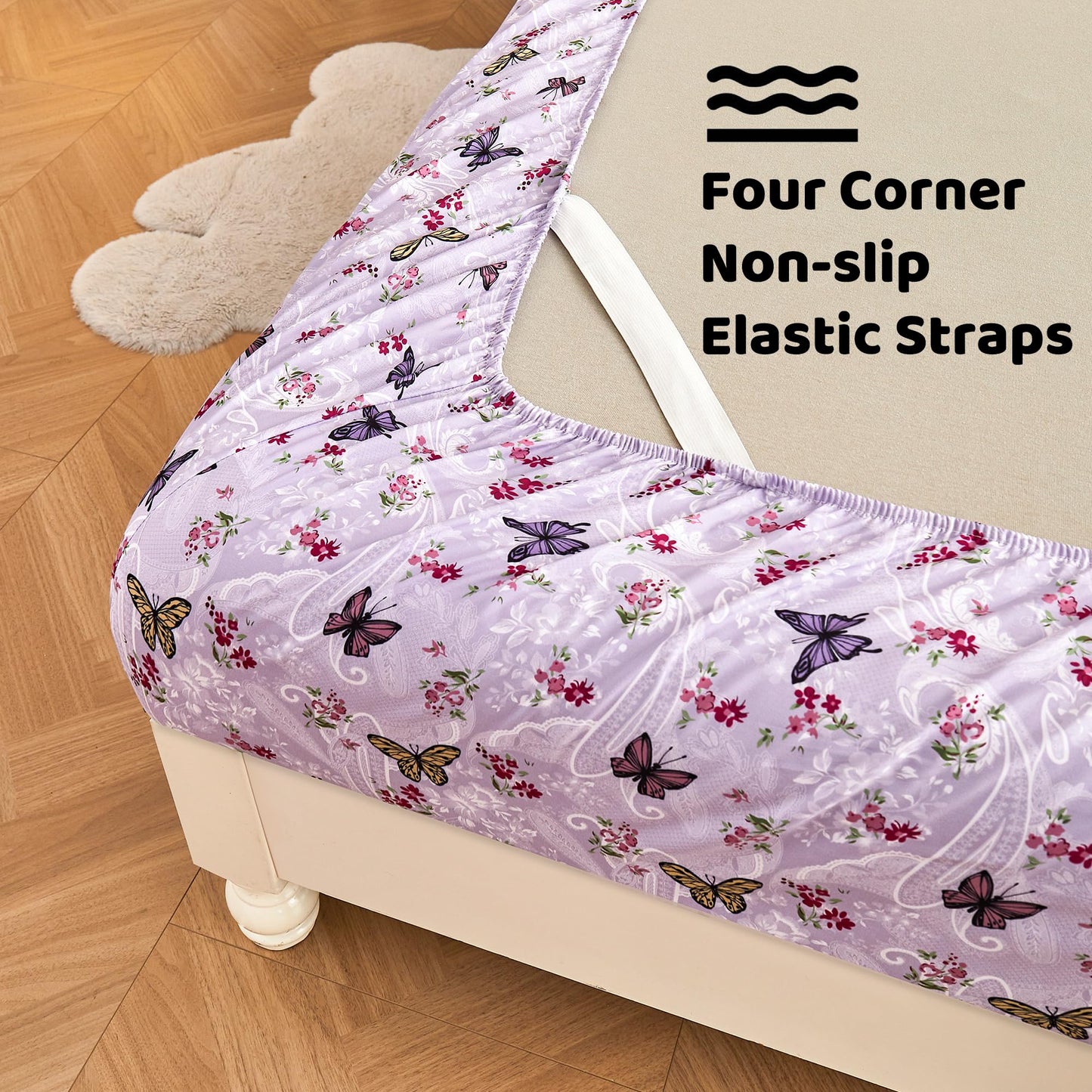 Softan Floral Twin Size Sheet Set, Purple Paisley Flower Printed Sheets for Kids Girls, Brushed Microfiber Fitted Sheet with 15" Deep Pocket & Non-Slip Straps, Butterfly Patterned Sheets