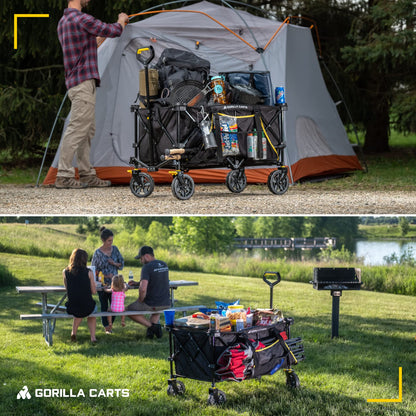 Gorilla Carts 7 cu ft 185L Capacity Foldable Festival Wagon Collapsible Durable All Terrain Utility Pull Camping Wagon with Oversized Bed and Built-in Cup Holders, Garden Trolley Black Load up to 70kg