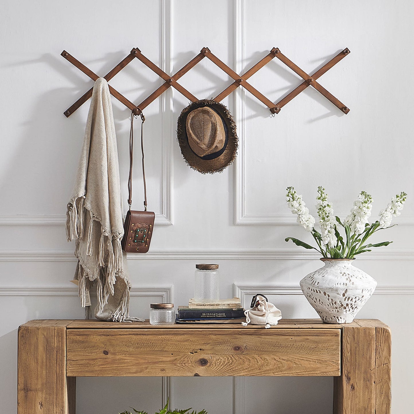 SKOLOO Hat Rack for Wall with 14 Hooks, Solid Wooden, Modern, Expandable Coat Rack Wall Mount for Coats, Hats, Bags, Baseball Caps, Walnut Color