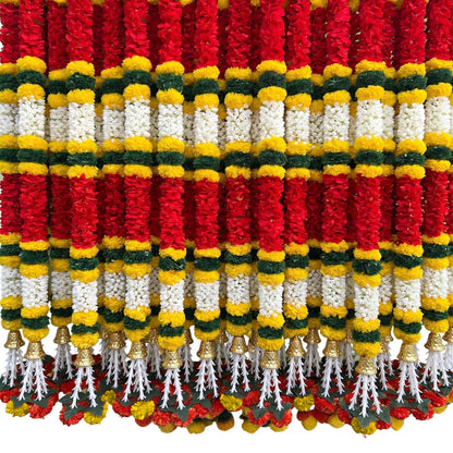 DIYANA IMPEX 4 Pc Artificial Marigold Garland with Bells, 5 Ft Long Hanging Flower Strings for Diwali Decorations, Indian Wedding, Party, Home Decor, Ganpati Hanging Decor & Mantle Decor (Red)