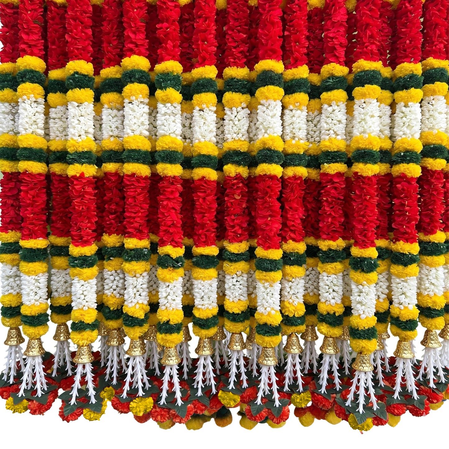DIYANA IMPEX 4 Pc Artificial Marigold Garland with Bells, 5 Ft Long Hanging Flower Strings for Diwali Decorations, Indian Wedding, Party, Home Decor, Ganpati Hanging Decor & Mantle Decor (Red)
