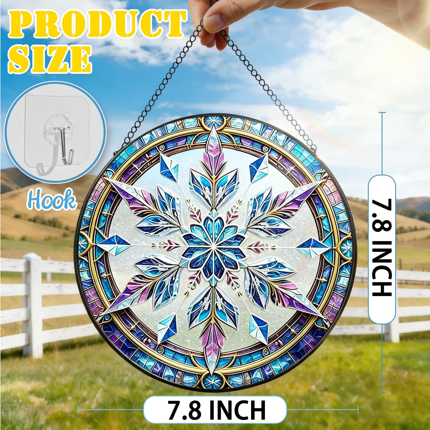 Stained Glass Window Hanging, 7.8 Inch Snowflake Stained Glass Suncatcher, Sun Catchers Indoor Window Ornament, Suncatcher for Windows Hanging, Christmas Window Decor, Winter Christmas Keepsake Gifts
