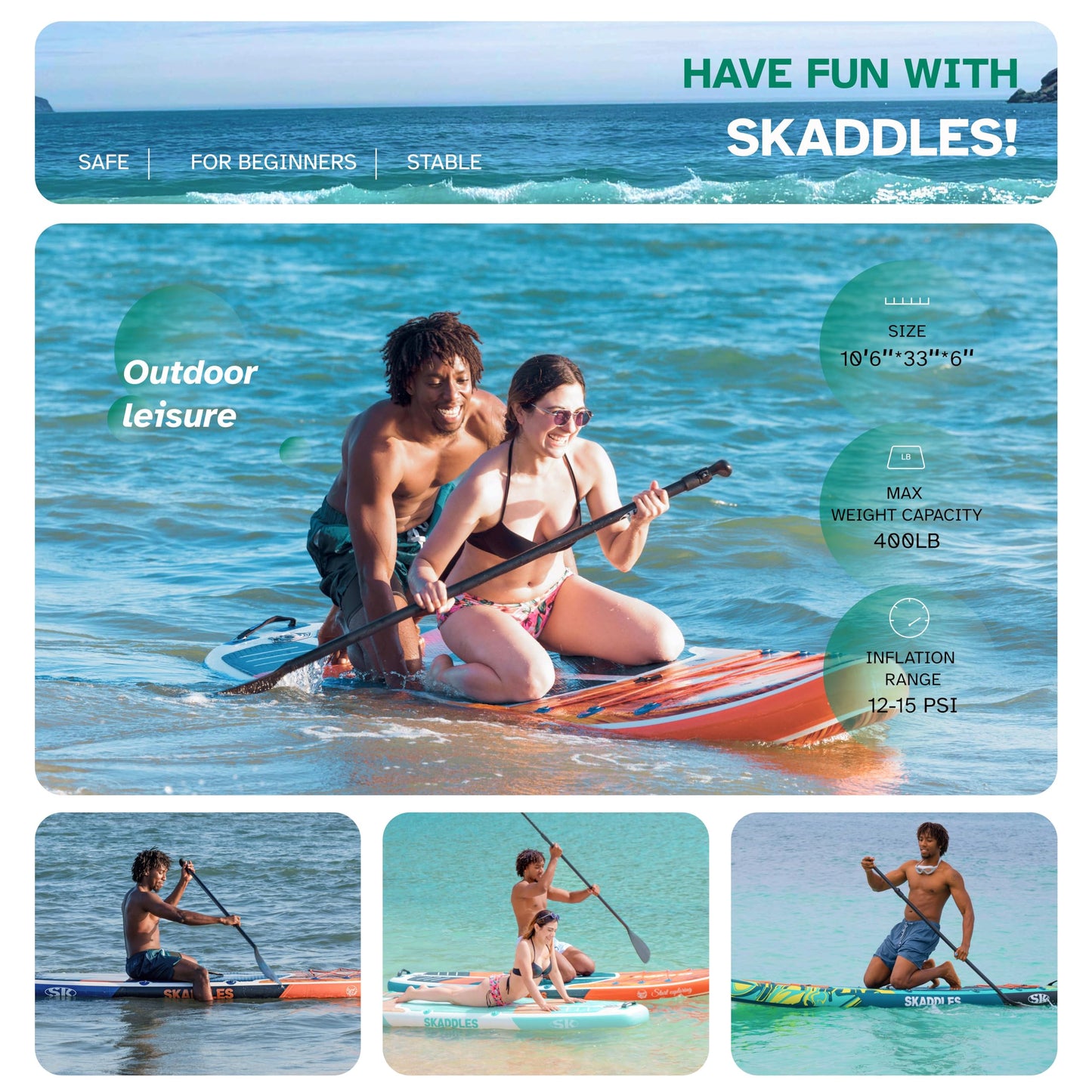 SKADDLES 10’6’’ Inflatable Stand Up Paddle Board (SUP) for Adults and Youth with Non-Slip Deck – Complete Accessories Kit, Perfect for Fishing, Yoga, Fitness & Family Fun (Dark Green Water Ripple)
