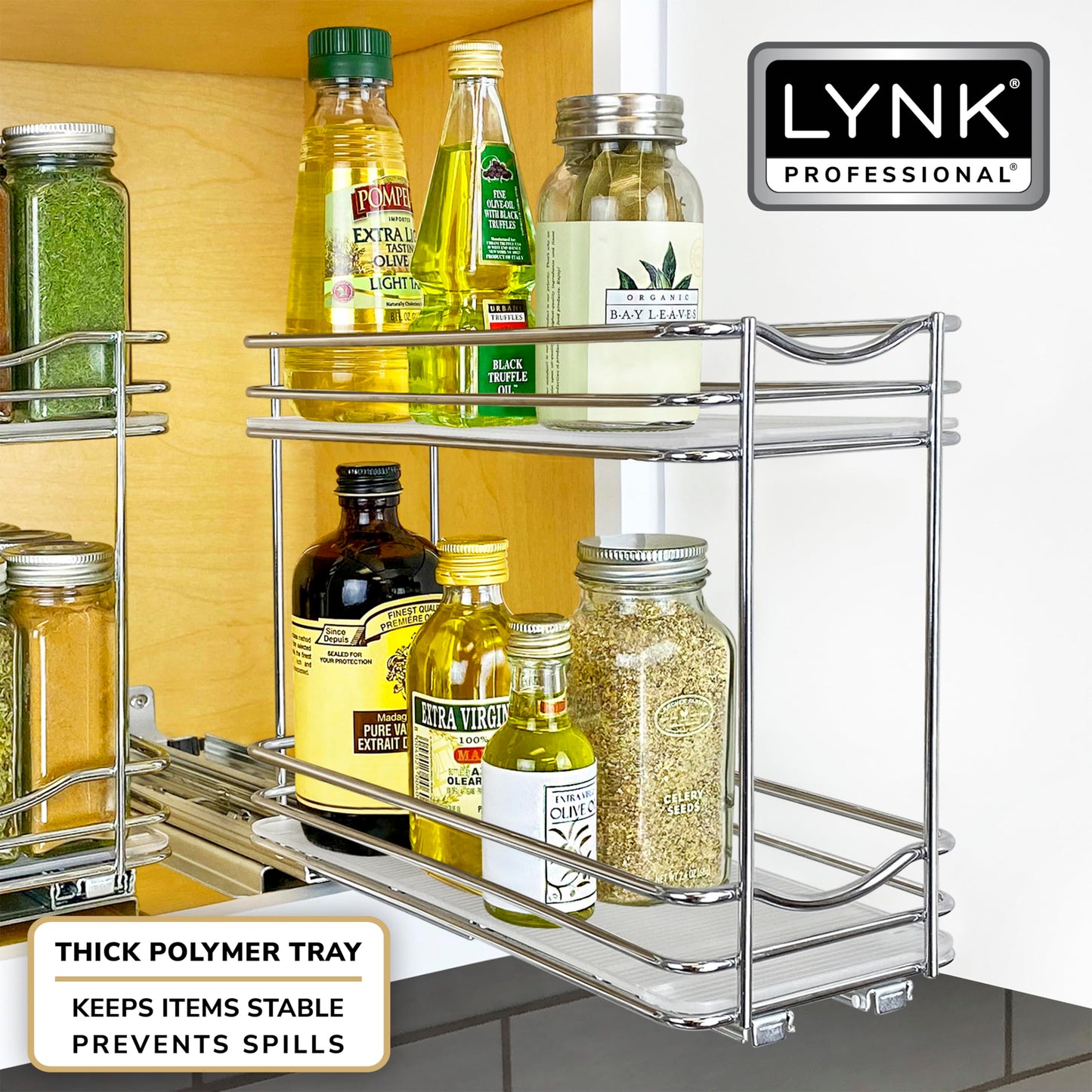 LYNK PROFESSIONAL® Pull Out Spice Organization for Cabinets - 4-3/8 inch Wide – Spice Rack for Inside Cabinets, Slide Out Spice Rack Organizer for cabinet – Pull Out Spice Rack, Sliding 2 Tier Chrome
