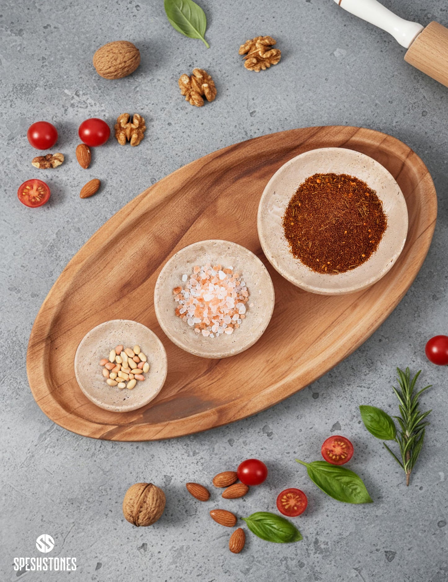 SPESHSTONES Marble Dipping Bowls Set of 3 Handmade Travertine Mini Dip Bowl for Soy Sauce, Condiment & Pinch Serving – Small Stone Side Dishes for Prep & Entertaining