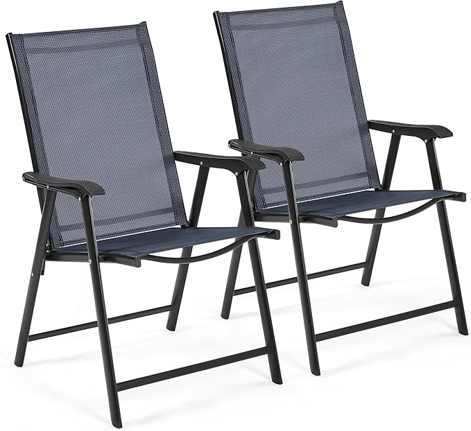 Yaheetech Patio Dining Chairs Set of 2, Portable Dining Chairs with Armrests for Camping, Lawn and Beach, Folding Patio Chairs 2-Pack of Metal Frame, Navy Blue
