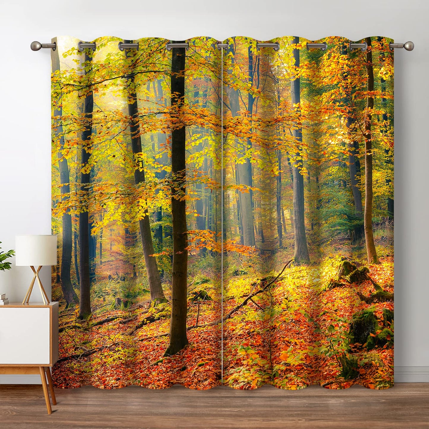 Jekeno Fall Tree Forest Blackout Curtains Jungle Autumn Tree Yellow Leaves Fall Nature Scenery Decor Home Bedroom Living Room Grommet Window Drapes 2 Panel Set, 52"x63"
