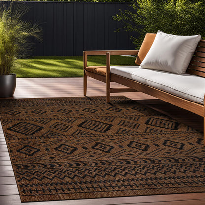 Beverly Rug Waikiki Boho Indoor Outdoor Rug 9x12, Washable Outside Carpet for Patio, Deck, Porch, Bohemian Area Rug, Farmhouse Rugs, Aztec Tribal Rug, Nut Brown and Black