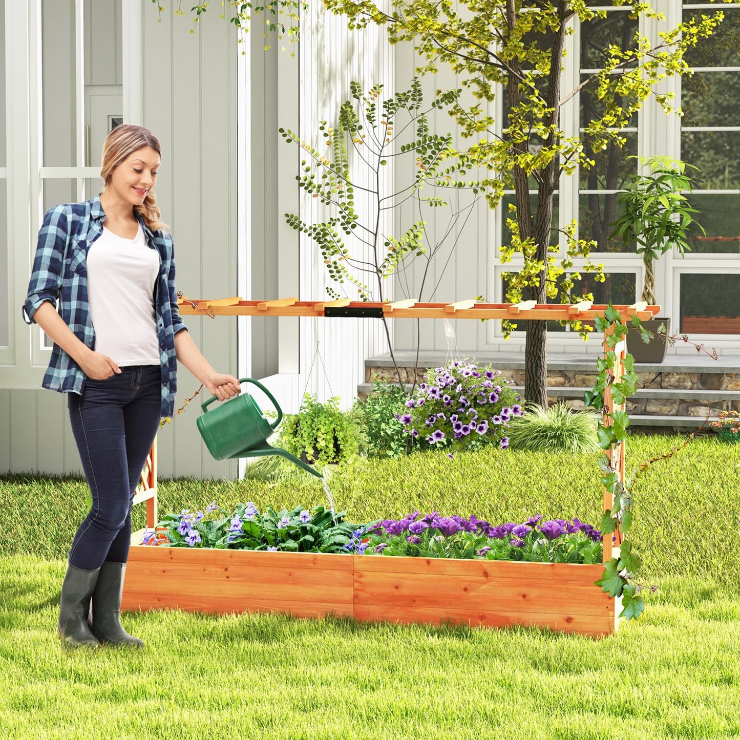 HAPPYGRILL Raised Garden Bed with Trellis, Freestanding Wood Planter Box w/Hanging Roof & 8 Drainage Holes for Vine, Climbing Plants, Flowers, Outdoor Planter with Trellis for Garden, Patio, Yard