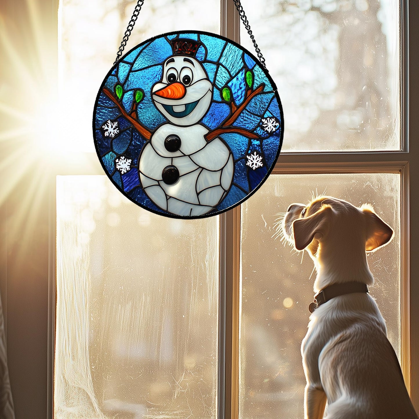 JOSUMALY Stained Glass Window Hanging Christmas Funny Snowman 7.8" - Suncatcher Door Garden Blue White Snowflakes Sun Catcher New Year Birthday for Friend Mom Men Woman Nana