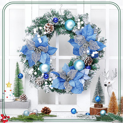 Knitgrip Pre-Lit Christmas Wreaths for Front Door 13.7 Inches Christmas Wreath with Ball Ornaments 20 LED Lighted Hoop for Outdoor Wall Window Fireplace (Blue,Blue Flower Style)