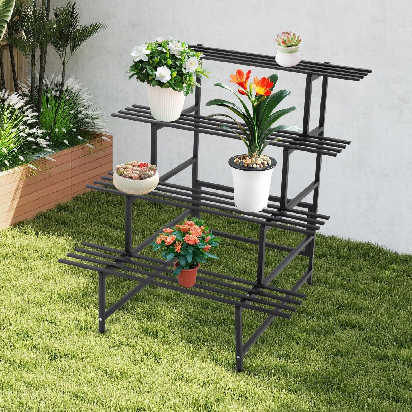 NeNchengLi 4 Tiers Iron Plant Stand Indoor Outdoor Black Planter Display Shelf Ladder Plant Shelf Indoor, Plant Stand 176Lbs Load-Bearing Capacity-For Garden, Patio, Balcony