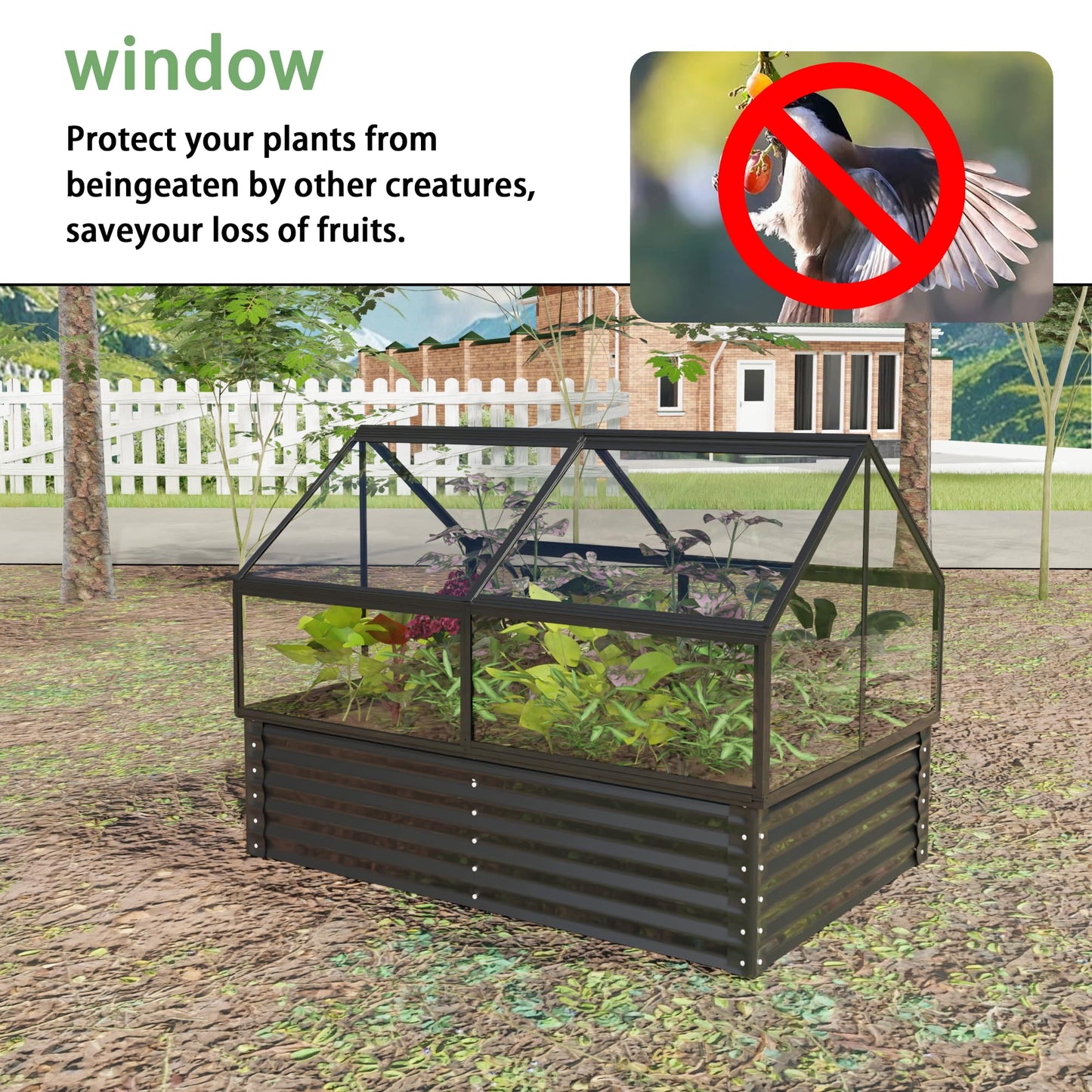 Dithoko 68.7" Raised Garden Bed with Greenhouse Cover, Galvanized Steel Planter Box with Open Bottom Drainage, Dual Use Outdoor Metal Planter for Vegetables Flowers and Herbs