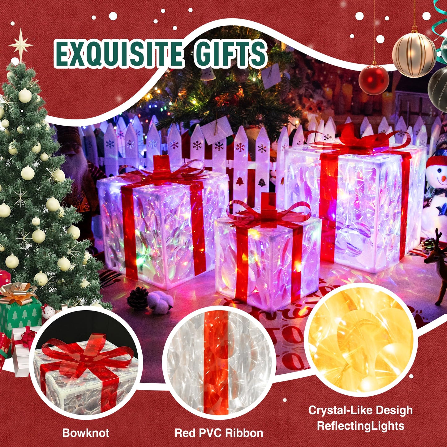 Set of 3 Christmas Lighted Gift Boxes with 50 LEDs,Outdoor Christmas Decorations,8 Modes RGBW Lights,Battery Operated Light Up Present Boxes for Christmas Trees Indoor Outdoor Home Yard Lawn Decor