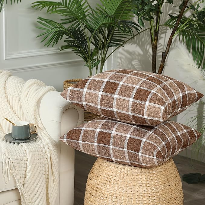 Stellhome Pack of 2 Fall Linen Buffalo Check Throw Pillow Covers, Farmhouse