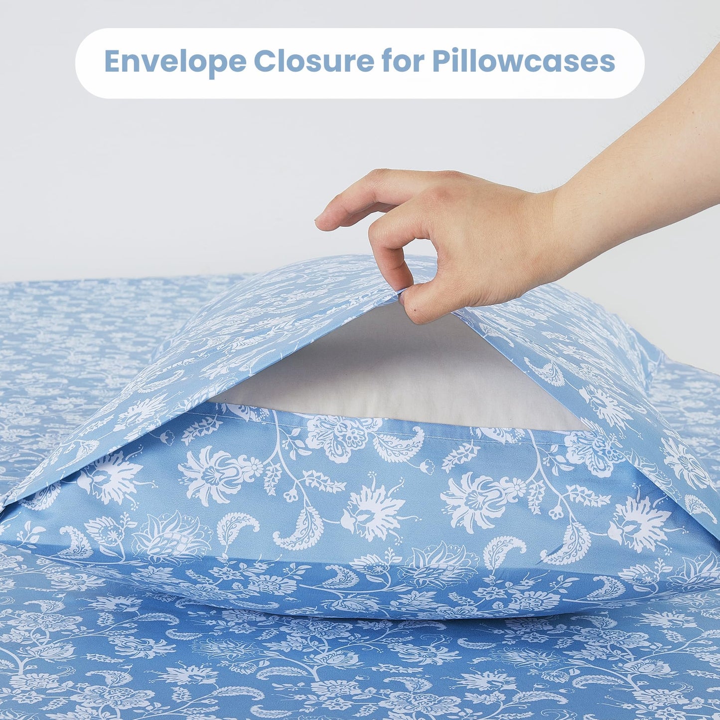 Mooreeke Cozy Vintage Microfiber Printed Queen Sheet Set - Soft & Breathable Percale Blue Paisley Bed Sheets with Extra Deep Pocket - Non-Slip Fitted Design - Blue Flower Pattern - Queen