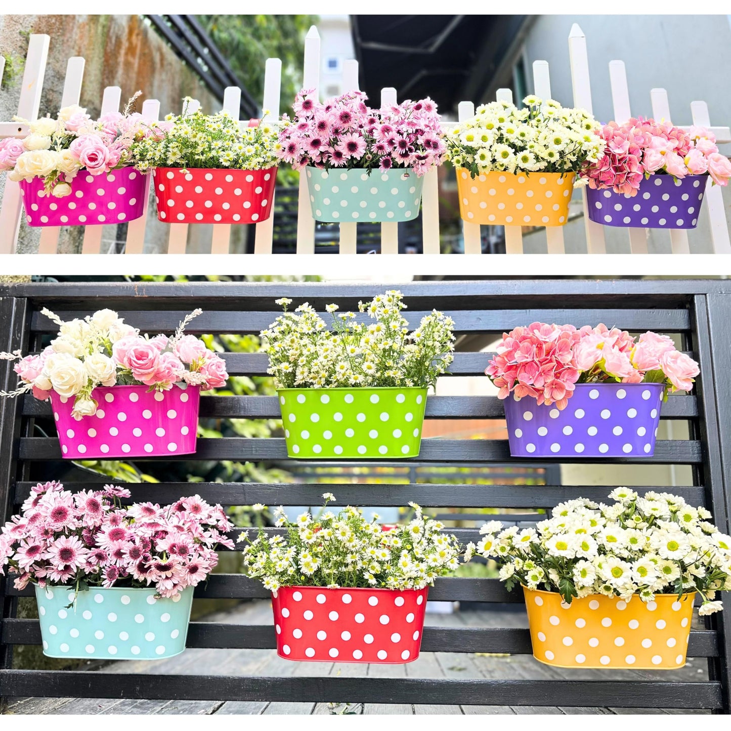 LaLaGreen Outdoor Hanging Planter (11.2 Inch, 6 Pack) Light Blue, Neon Pink, Dark Purple, Yellow, Red Metal Iron Window Box Polka Dot Herb Flower Pot Deck Railings Fence Wall Mount Porch Garden Decor