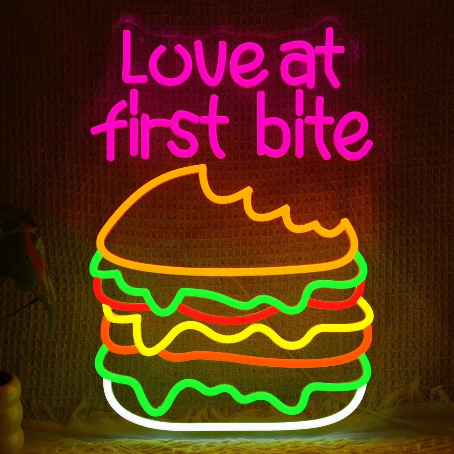Love At First Bite Neon Sign Burger LED Neon Light Dimmable Hamburger Food Light Up Sign for Restaurant Shop Living Room Fast Food Restaurant Decoration Light Sign