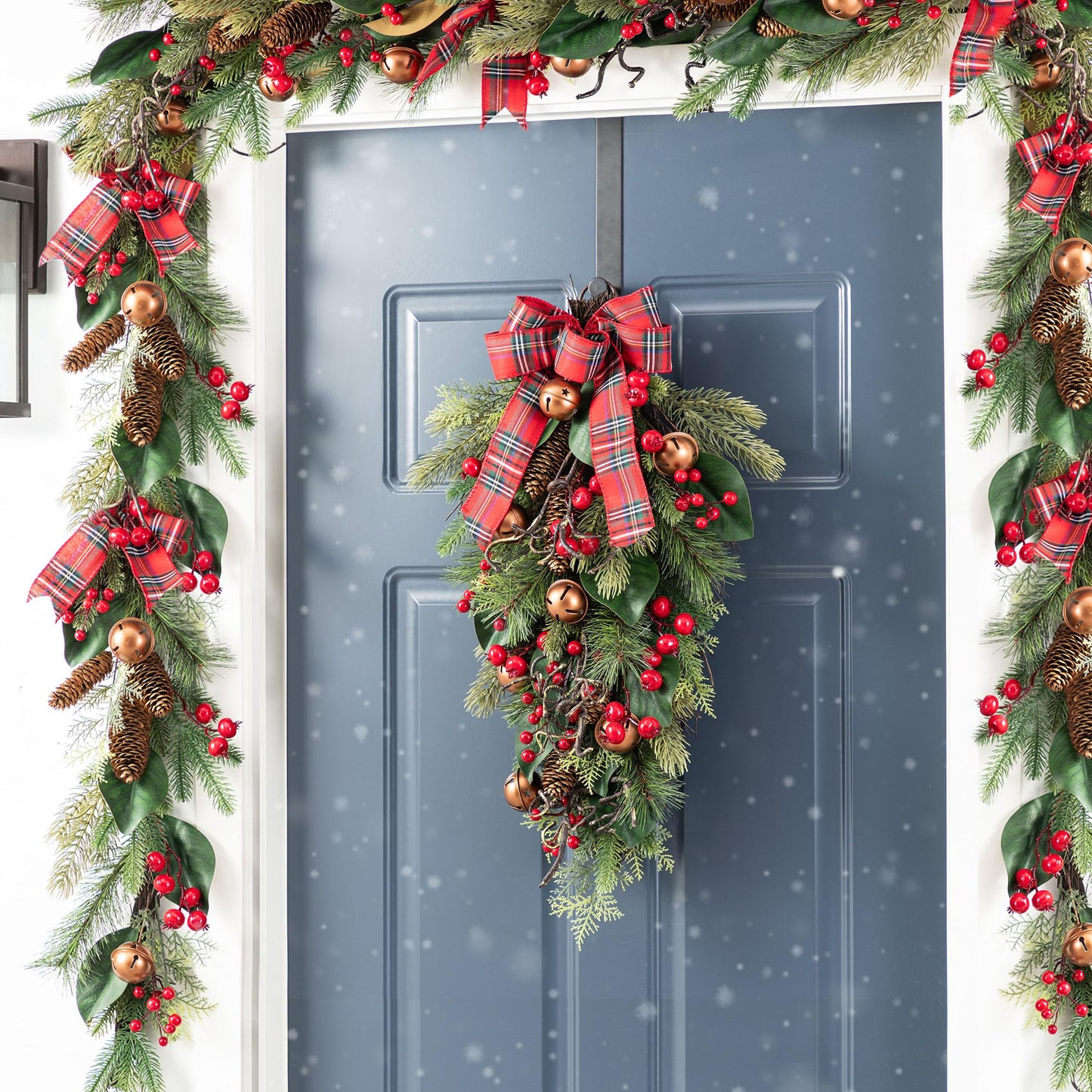 Glitzhome 6FT Christmas Garland with Bells, Pinecones, Berries and Bow Pre-Decorated Artificial Pine Greenery Decoration for Indoor, Fireplace Mantel, Staircase Banister