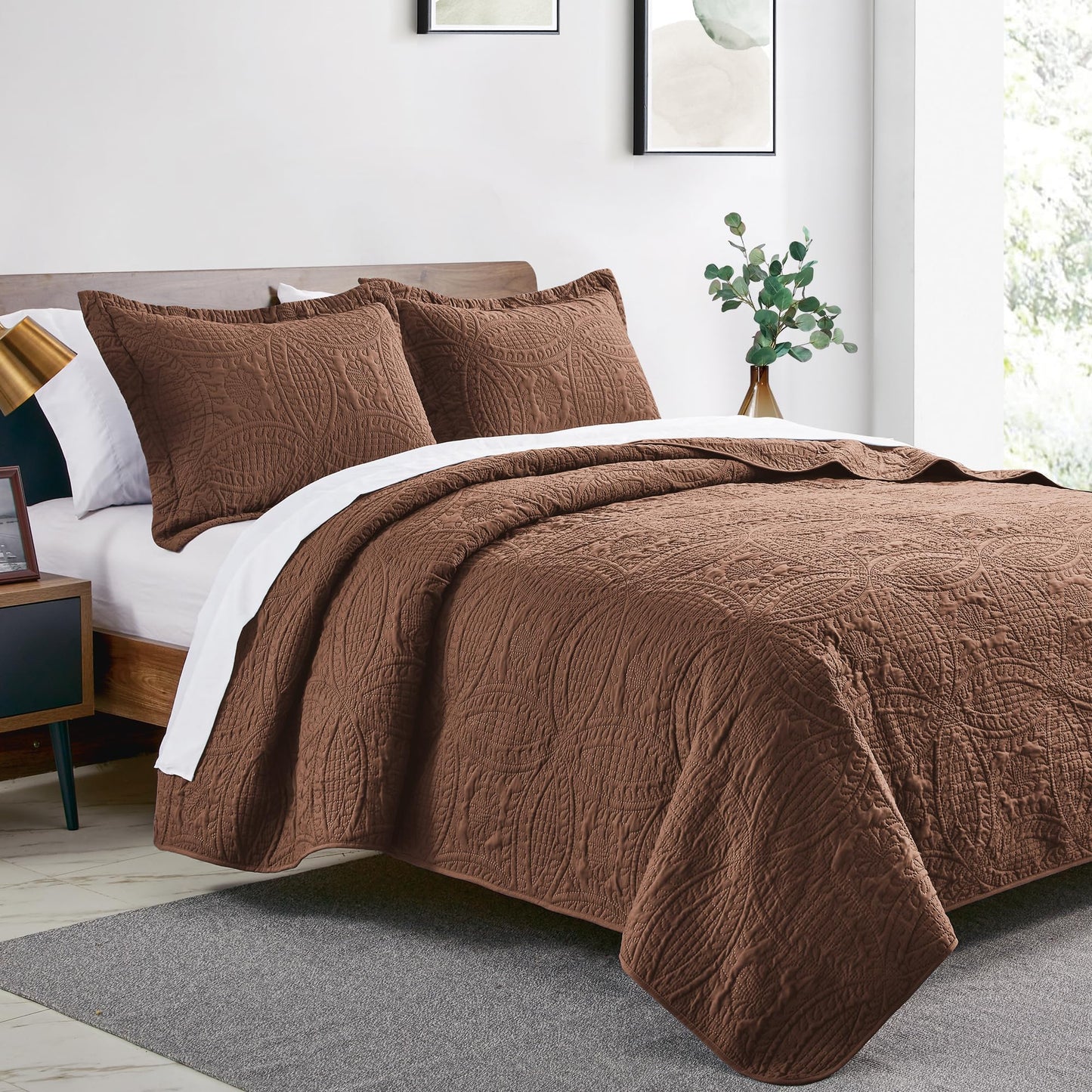 Love's cabin King Size Quilt Bedding Set Brown Bedspreads - Bed Lightweight Bedspread Comforter - Coin Pattern Bedding Coverlet for All Season - 3 Pieces (1 Quilt, 2 Pillow Shams)