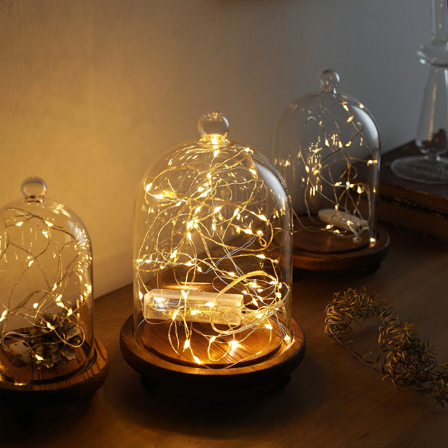KMwares 3pcs Glass Bell Shape Dome Set (5.7"/4.9"/4.3") | Cloche Display with Wood Base | Empty Domes, Not Included Decorations