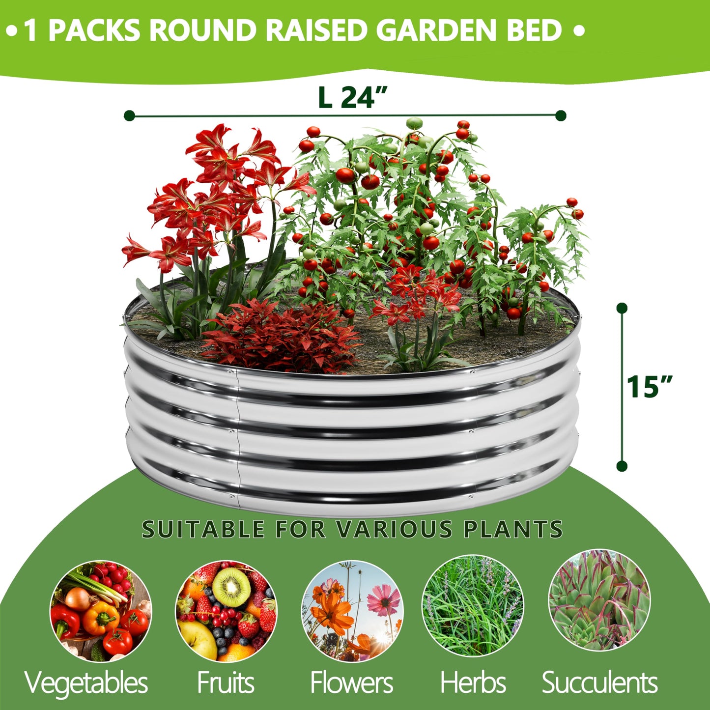 DIIYIV 2x2x1.3ft Galvanized Raised Garden Bed, Planter Raised Garden Beds Outdoor, Round Clearance Raised Garden Beds for Gardening Vegetables