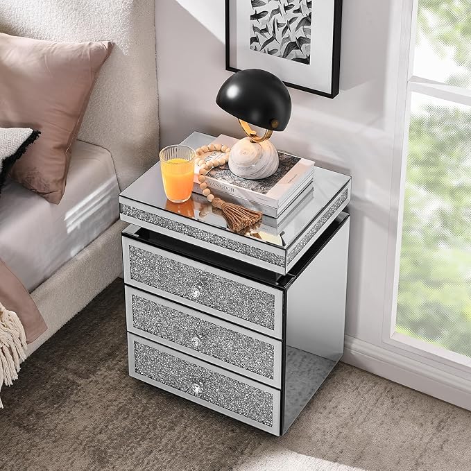 Mirrored Nightstand with 3 Drawers, Mirror End Table, Modern Bedside Table