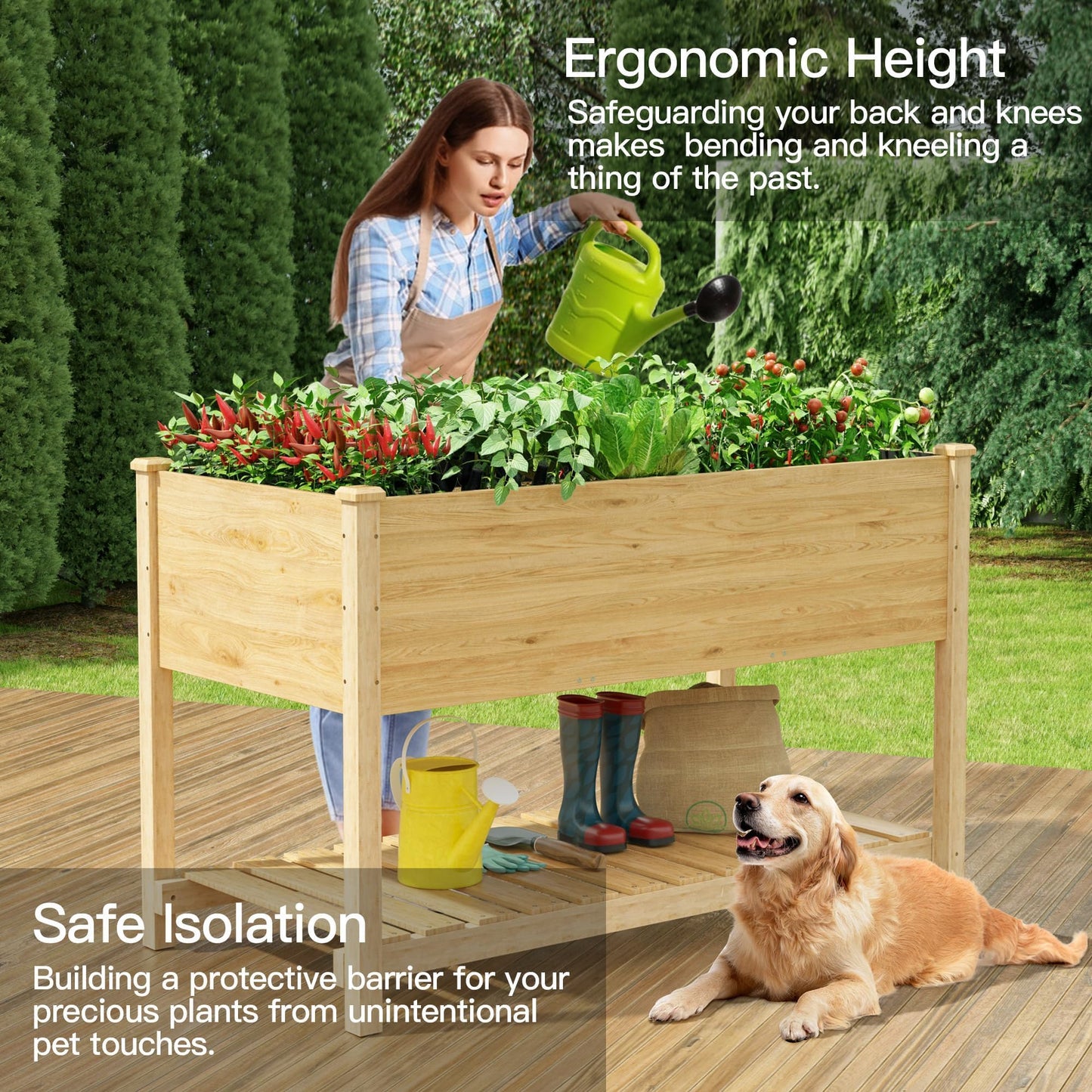 Kullavik Raised Garden Bed with Legs,Outdoor Elevated Cedar Wood Planter Box with Storage Shelf,220lb Capacity-Natural